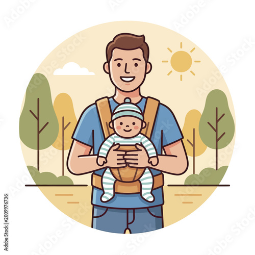 Happy father carrying his infant baby in a front baby carrier.