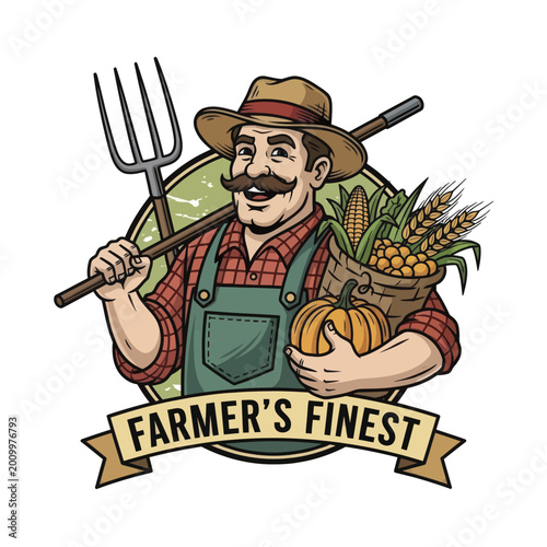 Happy Farmer with Mustache Holding Pitchfork and Basket of Fresh Harvest.