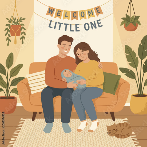 Happy young parents sitting on a couch holding their newborn baby.