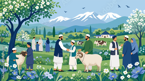 Foto A peaceful illustration of a young boy in traditional attire tending to a sheep among blooming spring flowers, ideal for cultural stories