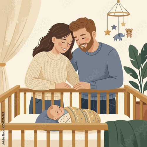 Happy young parents looking at their newborn baby in a wooden crib.