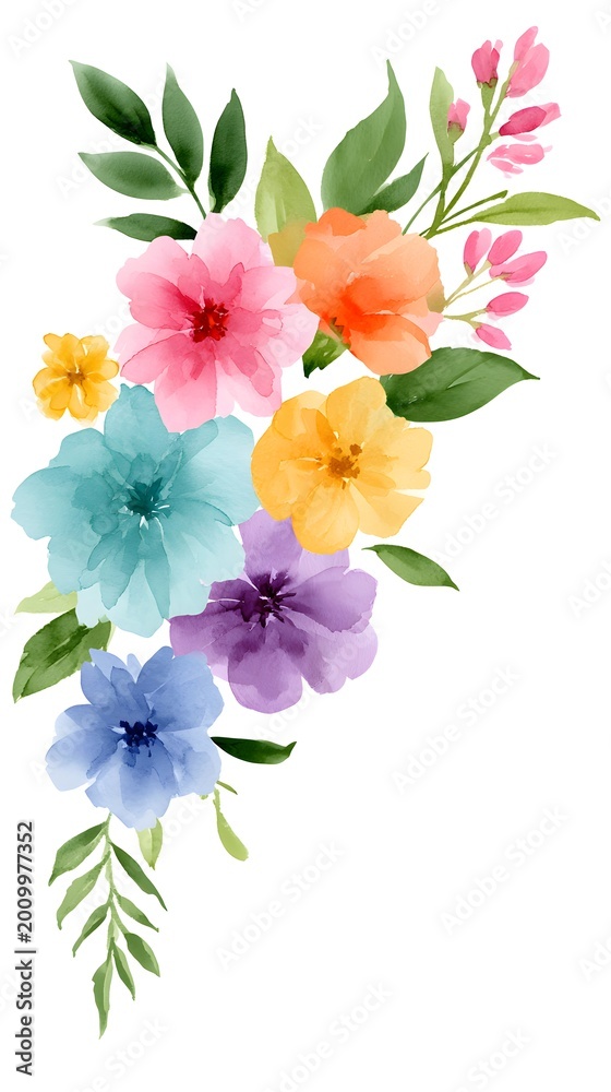 Fototapeta premium watercolor floral border. the border consists of various colorful flowers and green leaves.