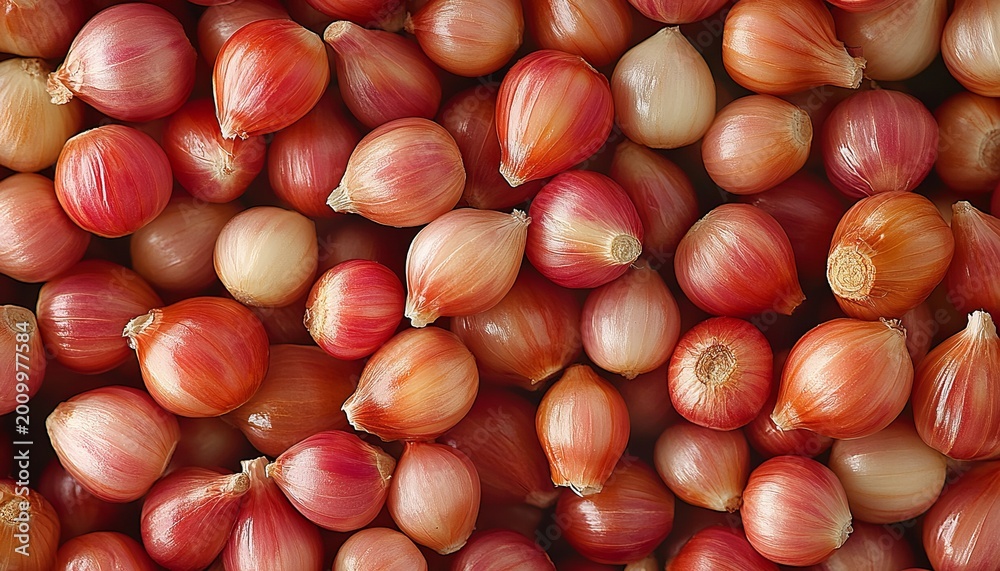 Obraz premium Freshly Peeled Shallots Halves Displayed in a Dynamic Background for Culinary Artwork Inspiration