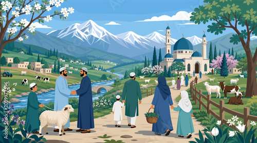 Foto A serene vector illustration of a man in traditional attire guiding livestock through a lush rural landscape, ideal for cultural storytelling