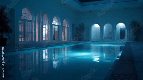 Pool's water shows soft blue light at night, creating a blurred, calm indoor scene.