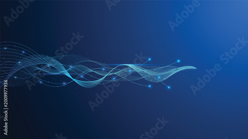 Abstract blue technology background with digital wave particles, glowing network dots and data flow lines for futuristic innovation concept