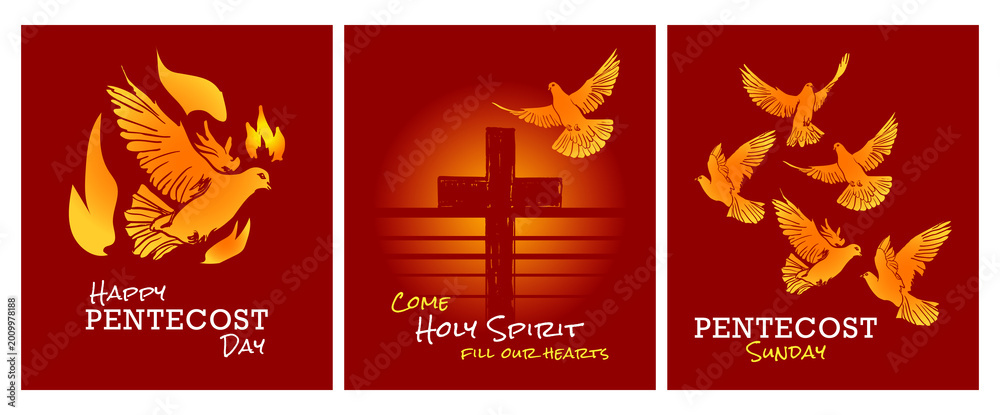 Fototapeta premium Modern Pentecost Church Poster Holy Spirit Doves Set Red Background
