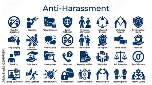 Billede på lærred Anti harassment icons and symbols for workplace safety policy and employee right