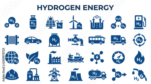 Foto Hydrogen energy icons and symbols representing clean fuel technology and sustain