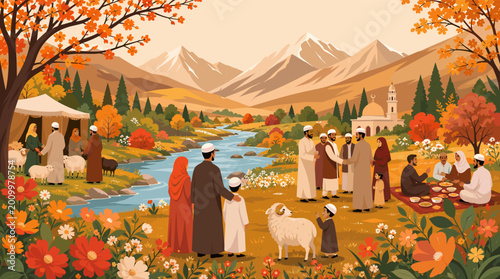 Foto A peaceful stylized illustration of a flock of sheep in a lush floral meadow, perfect for spiritual or nature-themed designs