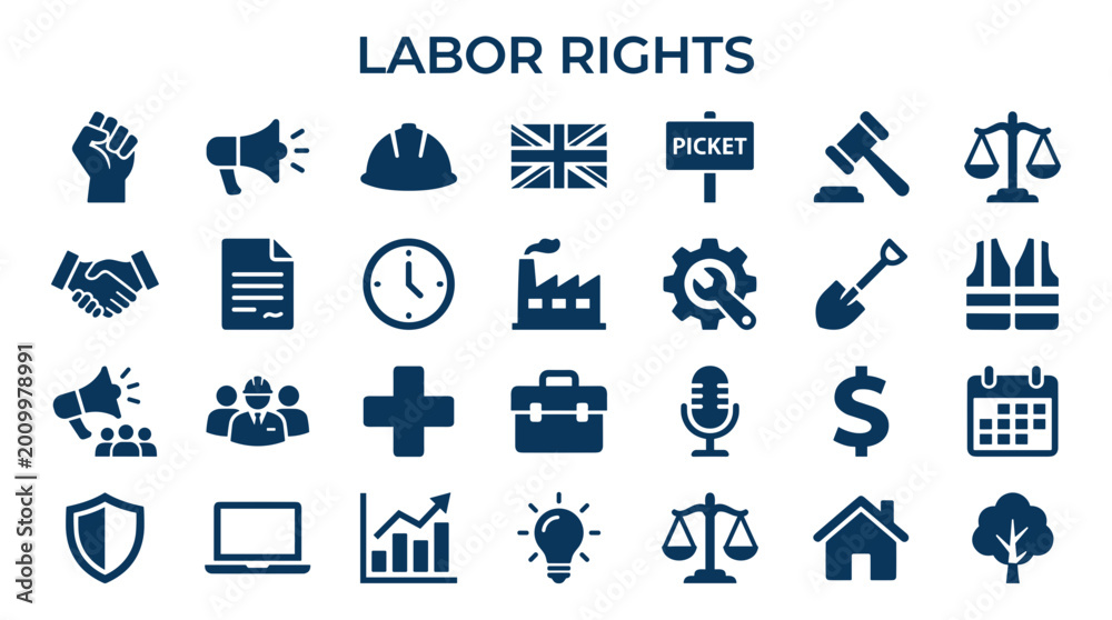 Fototapeta premium Labor rights and worker protection symbols set for social justice and employment law concepts