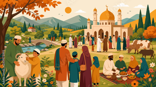 Quadro em tela A peaceful vector illustration of a shepherd caring for a sheep in a lush nature setting, ideal for spiritual and care-themed content