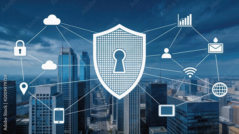 Fototapeta premium Cybersecurity network protection shield over modern city skyline digital data privacy cloud computing secure internet connection business technology concept global communication