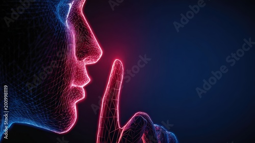 A close-up depiction of a digital face is illuminated by vibrant neon hues, a finger presses against the lips. ..Created with Generative AI, not depicting real subjects.