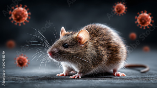 Rodent with Airborne Virus Particles, Pathogen Transmission and Health Risk Concept