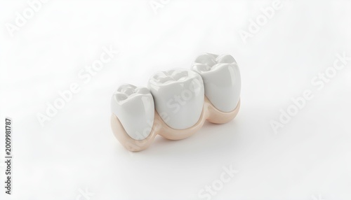 Model of dental crowns showing three connected teeth for educational purposes in a dental clinic during the day