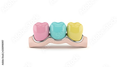 Three colorful teeth on a holder placed on a plain background, showing a dental theme suitable for kids and educational purposes in a dental office setting