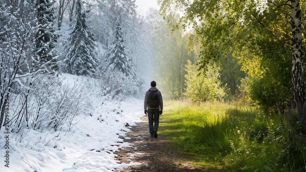 Fototapeta premium Man walking forest path between winter snow and spring green nature seasonal contrast scene