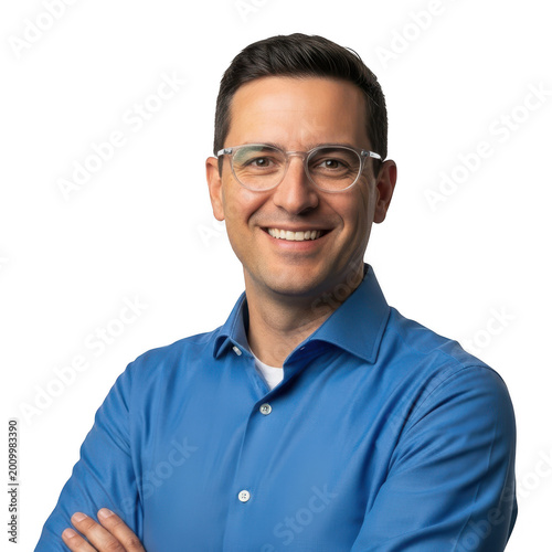 Smiling man with arms crossed wearing blue polo shirt