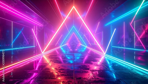 Futuristic Neon Corridor With Glowing Pink And Blue Triangular Arches And Reflective Wet Floor In Cyberpunk Style Digital Render