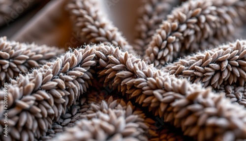 A close up of brown textured fabric with white fringes.