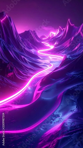 Futuristic Neon Path Winding Through Stylized Purple Mountains Digital Art Synthwave Landscape Render With Glowing Pink Light Trail And Dark Peaks