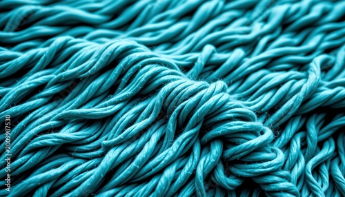 A close up photograph of a blue fabric texture with a cream textile background in natural light.