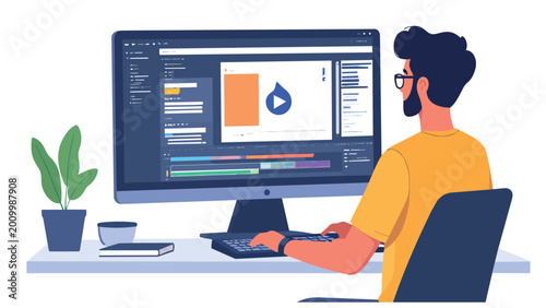 Male graphic designer or video editor working on desktop computer with design software, flat design vector illustration, EPS file