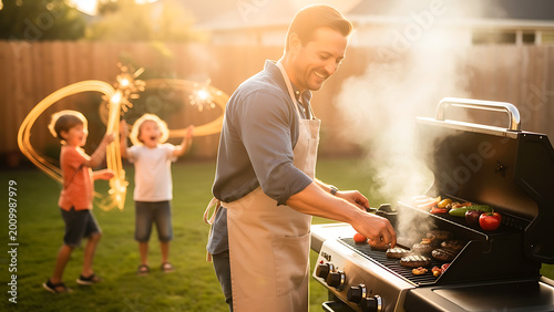 Man cooking meat on grill at backyard party during sunset. Happy father preparing food while kid playing with sparkler. Family barbecue celebration on summer evening gathering outdoors.