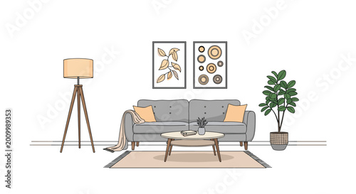 Modern and minimalist living room interior design featuring a grey sofa, wooden coffee table, floor lamp, potted plant, and wall art.