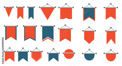Variety of pennant and banner flag designs in red, dark blue, and white colors with different shapes and mounting styles for celebrations.