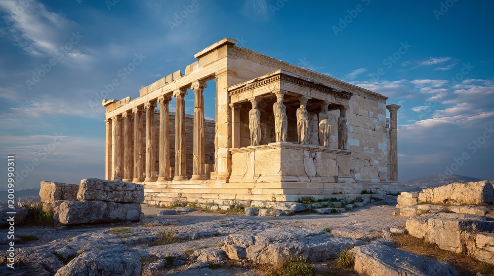 Fototapeta premium Athena Nike's temple, on Athens' Acropolis, glowed in morning light. This marble structure honors victory's goddess.