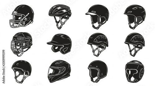 Foto Variety of sports helmets for safety.