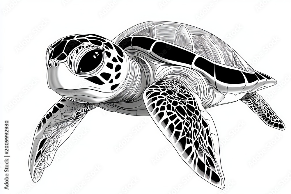 Obraz premium Oceanic Sea Turtle Outline Drawing, Underwater Wildlife Vector Illustration in Black and White Style
