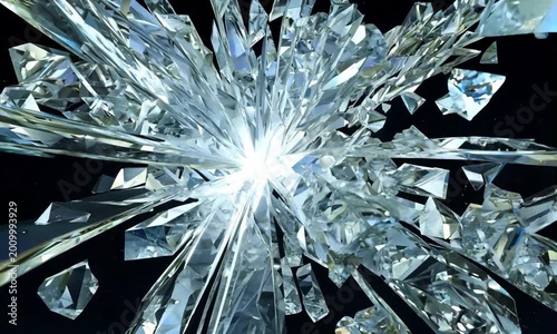 A breathtaking, crystalline ice explosion unfolds, with shards glimmering like diamonds against a rich, velvety black backdrop