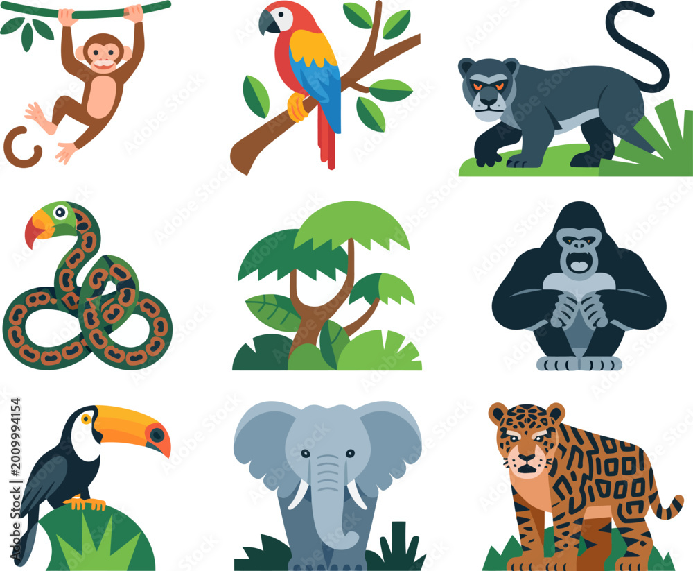 Obraz premium Collection of colorful cartoon jungle animals and tropical plants on transparent background