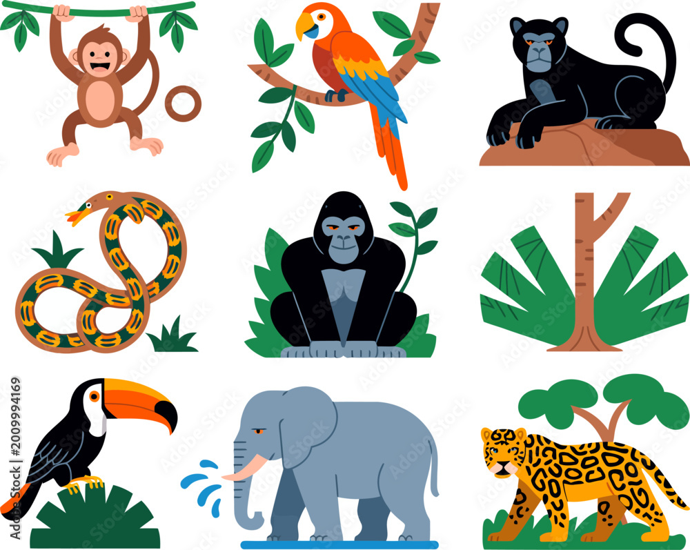 Naklejka premium Collection of colorful cartoon jungle animals and tropical plants isolated on transparent background