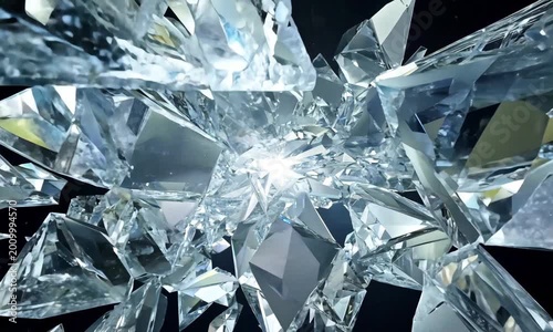 A breathtaking, crystalline ice explosion unfolds, with shards glimmering like diamonds against a rich, velvety black backdrop