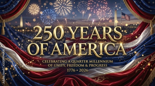 Grand 250 Years of America Celebration with US Capitol, Fireworks, and Patriotic Drapes
