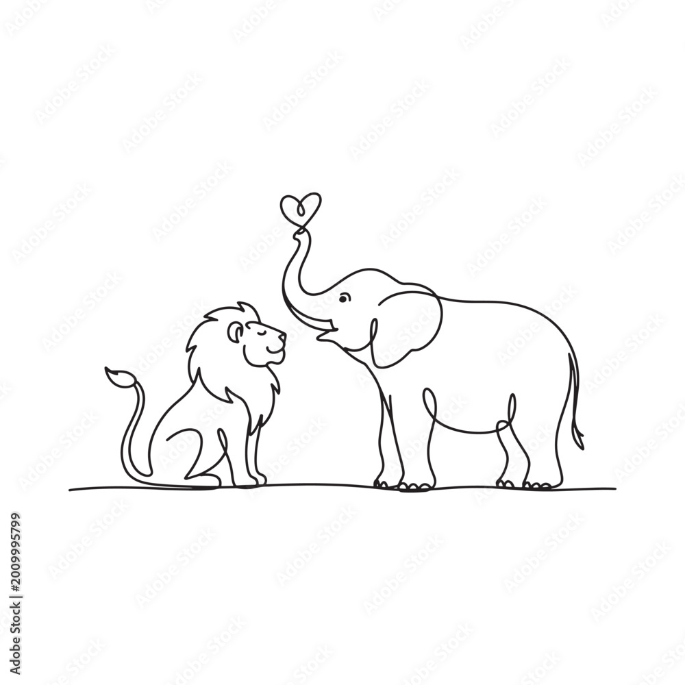 Obraz premium Lion and elephant line drawing with heart minimalist style