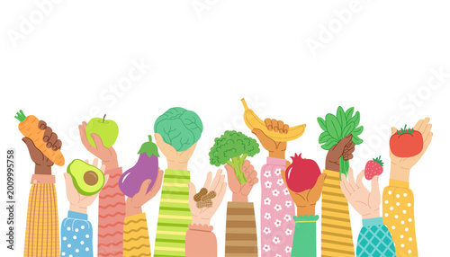 Fotografi Hands raise up various fruits and vegetables symbolizing World Food Day