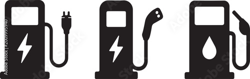 Foto Fuel pump icons set electric vehicle charging and gasoline black silhouette