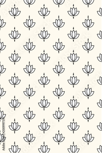 Seamless lotus flower line art pattern in black and white