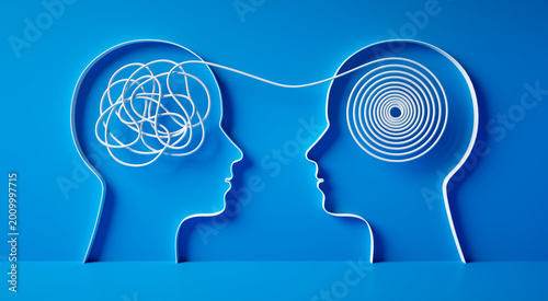 3D silhouette of a two heads with white tangled rope connected to order rope inside symbolizing mental confusion and mental health care on blue background with copy space