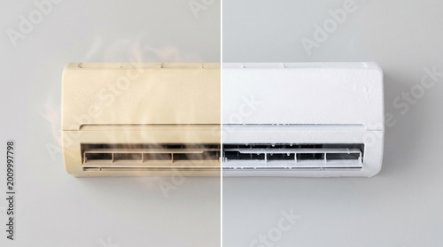 Before and After Air Conditioner Service Showing Dirty Old and Fresh New