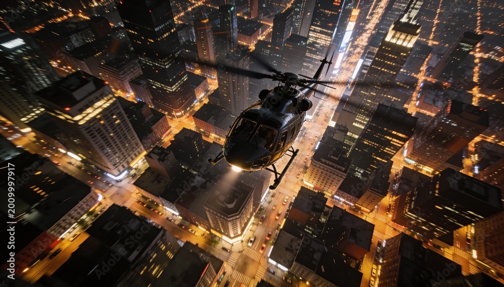 Obraz premium Flying dark utility helicopter scanning downtown at night, casting searchlight over streets
