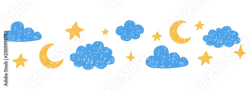 Crayon cloud hand drawn naive kids, baby, school seamless border. Childlike scribble clouds, star, moon drawn with chalk weather elements, kid drawings. 