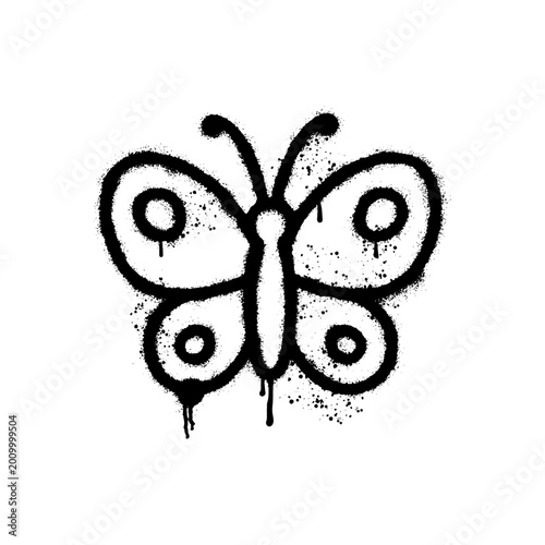 Stencil graffiti butterfly icon with black ink drips and spray paint texture