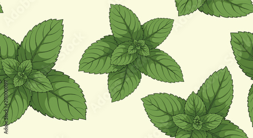 Refreshing seamless pattern of vibrant green mint leaf sprigs displayed against a pale yellow background for nature and herbal themes.