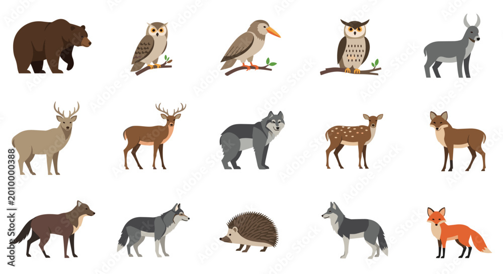 Obraz premium Set of fifteen wild animal and bird icons including bear, deer, wolf, owl, fox, and hedgehog in a realistic flat illustration style.